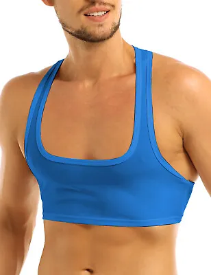Mens Racerback Gym Vest Crop Tops Half Shirt Workout Bodybuilding Muscle Fit Top • £7.35