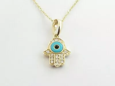 Hamsa Hand OF God Evil Eye Diamond Necklace 14k Yellow Gold 16  18  20  Chain • £350.52