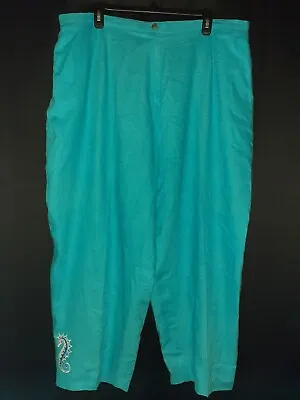 BOB MACKIE WEARABLE ART Plus Size 24W Crop Pants Turquoise Embroidered Seahorse • £28.92