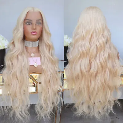 Lace Front Wig Natural Heat Resistant Synthetic Platinum Blonde Long Wavy • $29.99