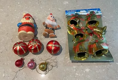 Vintage Christmas Decorations Flocked & Squeaker Santa 3 Mercury Glass Balls + • $12