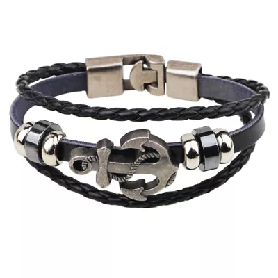 Mens Nautical Sailor Beach Anchor Leather Bracelet Wristband Black Brown Men • $8.60