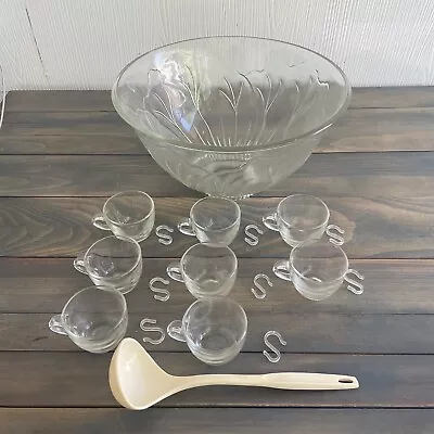 Vintage Cabbage Leaf Indiana Glass 14” Punch Bowl Set W/ 8 Cups & Ladle (RV) • $34.99