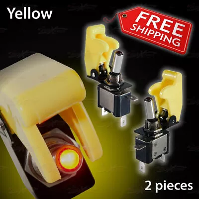 2 X RED LED On/Off Auto Toggle SPST Switch W/ SOLID YELLOW Safety Military Cover • $14.90