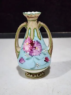 Vintage Nippon Hand Painted Moriage 4.5  Double Handle Pink Chrysanthemum Vase • $39.99