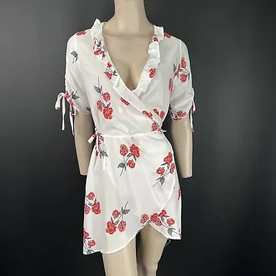 Zaful Dress 10 Womens White Floral Print Wrap Around Frill Casual Classic Ladies • £19.95
