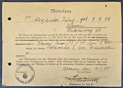 German WW2 Air Raid Document With Swastika Stamp Dated From 1940 • $15
