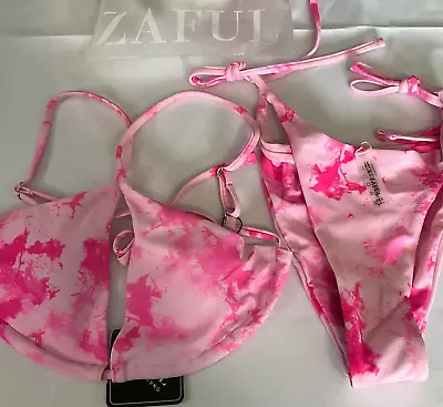 $15.99 • Buy Zaful Forever Young 2 Piece Bikini Swimsuit Womens Size S 4 Tie Die Pink