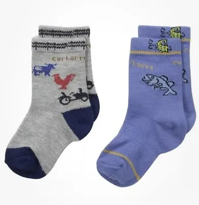 Carhartt Gripper Crew Socks 2 Pack Toddler Boys 18 To 36M Farm Fish Design New • $11.69