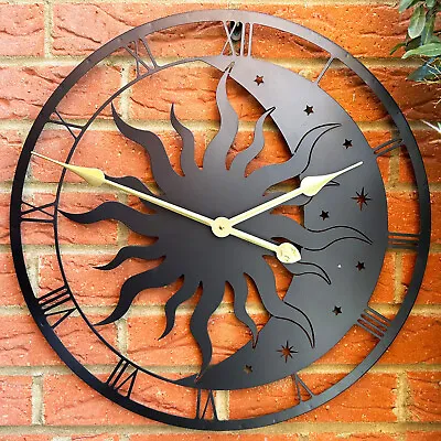 £59.99 • Buy Silhouette Outdoor Wall Clock Sun & Moon Gold Hands Roman Numerals Garden Decor