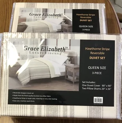 Grace Elizabeth Luxury Linens 3 Piece Hawthorne Stripe Duvet Set Queen Sz. Taupe • $19.99