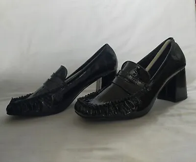 £9.95 • Buy Womens Size 7 UK Black PU Leather Croc Embossed Loafer Heels Shoes 40 EU BNIB