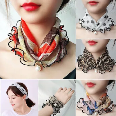 Women Pearl Pendant Chiffon Scarves Organza Neck Collar Scarf Ruffle Lace Scarf • $2.57