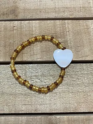 Handmade Elastic Brown/Tan Glass Bead (Army) Heart Charm Bracelet • $5