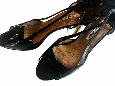 Manolo Blahnik Black Patent Peeptoe Slingback Heel Shoes 40.2. US 10.2 • $45