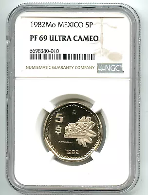 1982 Mo NGC PF-69 UCAM MEXICO 5 PESOS PROOF MINTAGE 998 FROM RARE ONZA SET N/R • $1.25