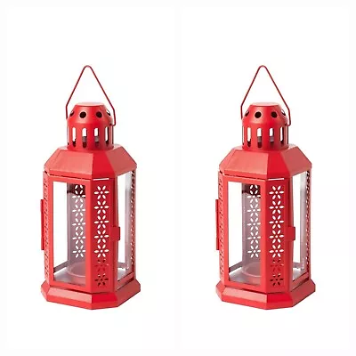 2×Ikea Red Enrum Lantern Tealight Candle Holder Hanging Glass Metal Home 22cm UK • £12.78