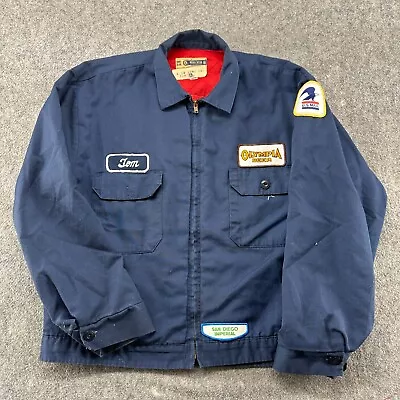 VINTAGE Workwear Jacket Mens Large Blue Quilted Lined Scoville Patches Beer 70s • $74.95