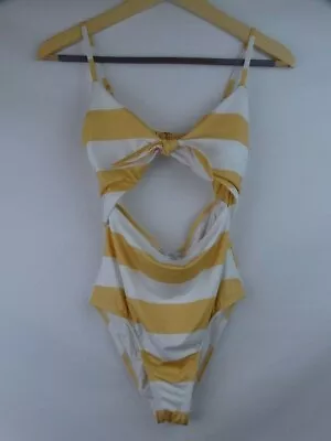 ModCloth Women's Swimsuit Size Small One Piece Swim Yellow White Stripe Cut Out • $24.61