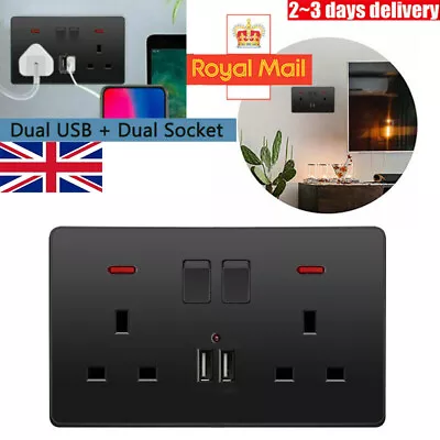 Double Wall Plug Socket 2 Gang 13A With 2 Charger USB Ports Outlets Flat Plate • £8.59