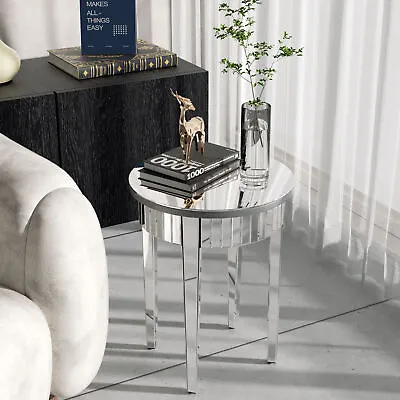 Modern Glam Glass Mirrored Round Side Accent Table Bedside Nightstand Livingroom • £92.95