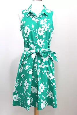 J CREW Green Floral Sleeveless Tie Waist Shirt Dress Sz 8 • $24.99