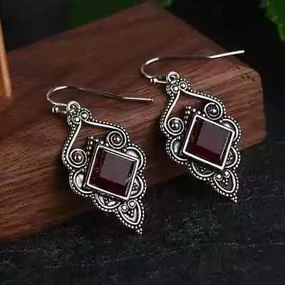 3Ct Princess Cut Lab-Created Garnet Vintage Dangle Earring 14K White Gold Plated • $95.99