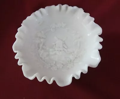 Vintage IMPERIAL WHITE MILK GLASS BOWL RUFFLED EDGES EMBOSSED WINDMILL ON BOTTOM • $18.95