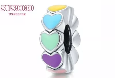 Authentic 925 Sterling Silver Rainbow Love Hearts Spacer Colourful Charm • $12.01