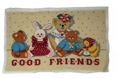 Vintage Completed Dimensions Needlepoint GOOD FRIENDS Teddy Bears Bunny Duck • $23.96