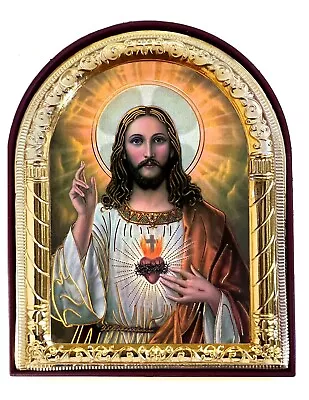 Sacred Heart Of Jesus Icon Gold Foil Icon Arched With Stand Religious Gift Idea • $19.95