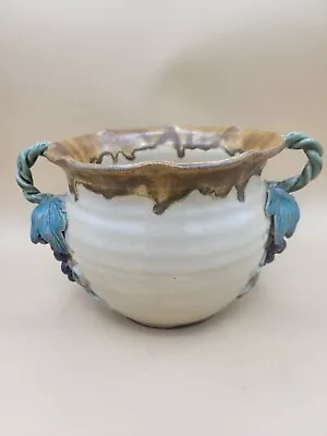 Vintage Majolica Planter Jardineire Art Pottery Pot Drip Glaze Grape Vine Handle • $35