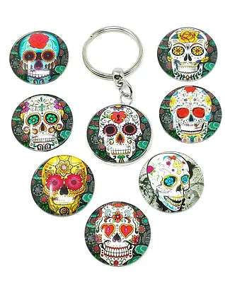 £2.57 • Buy Day Of The Dead Sugar Skull Glass Dome Cabochon Keyring Gift (Choose Design)