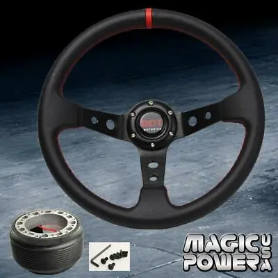 350mm Black Deep Dish Steering Wheel & Hub Adapter Civic EF CRX Integra DA • $63.24