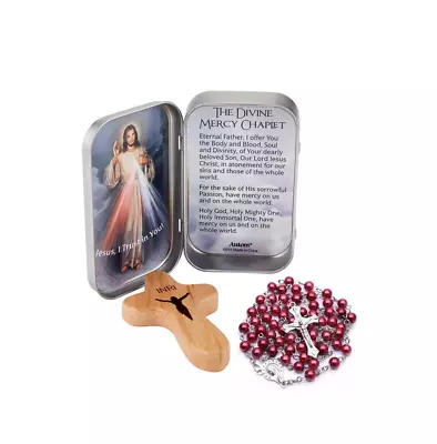 Divine Mercy Jesus Prayer Shrine Tin With Wooden Cross & Red Rosary Catholic • $16.99