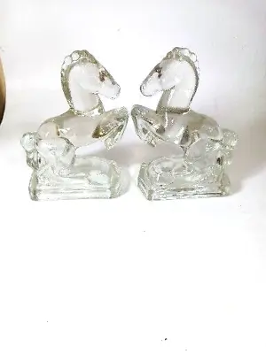 L.E. Smith Rearing Horse Bookends Pair Set Clear Glass Art Deco Vintage • $40.80