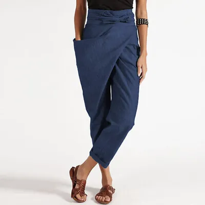 Womens High Waist Wrapped Long Pants Casual Loose Ankle Length Trousers Cropped • $49.96