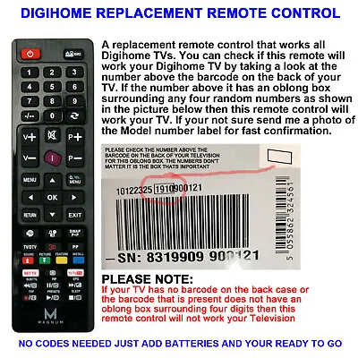 £6.99 • Buy DIGIHOME REMOTE CONTROL A REPLACEMENT THAT WORKS ALL DIGIHOME TVs
