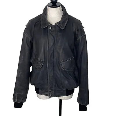 Rage By Mirage Vintage Mens Bomber Jacket Size Large Black Leather Snap Front • $175.67