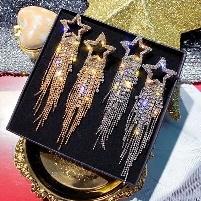 $2.36 • Buy Women Crystal Rhinestone Star Long Tassel Drop Dangle Stud Earrings Jewelry Gift
