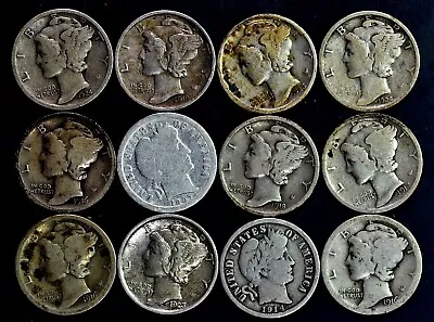 Early 20th Century Silver Dimes 1907-1924. $1.20 FACE VALUE (12) 90% Silver • $33.99