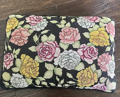 Finished Completed Cross Stitch Needlepoint Cabbage Roses 14” Pillow Black Aida • $40