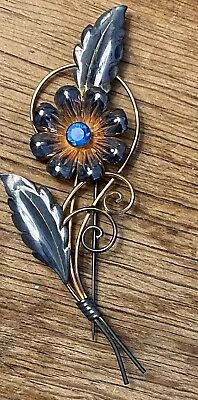 Vintage Costume Jewelry Pin Brooch Flower Blue Rhinestone Gold Filled Van Dell • $18.78