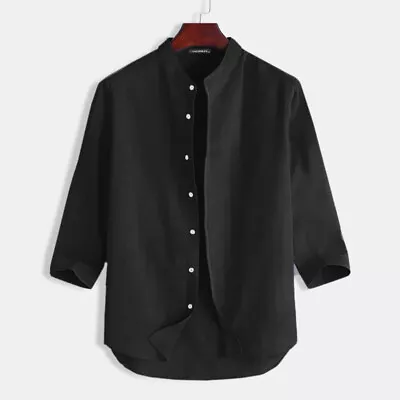 Mens 3/4 Sleeve Cotton Linen Casual Henley Tops Office Formal Button Up Tee Tops • $16.76