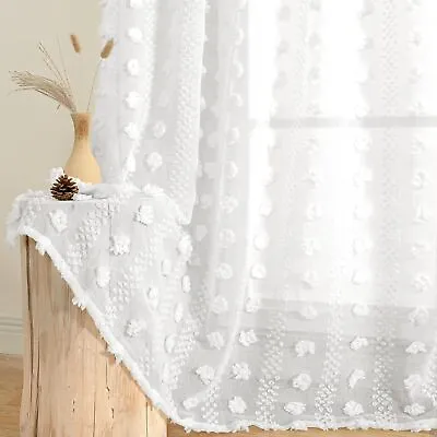 White Pom Pom Sheer Curtains Boho Textured Light Filtering Curtains Rod Pocket • £14.15