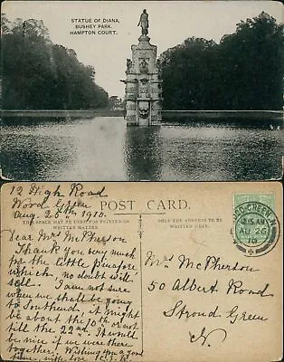 Hampton Court Bushey Park Statue Of Diana GB 1910 Wood Green N Cancel Auto Photo • £5.10