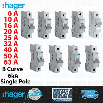£7.45 • Buy Hager MCB Devices 6A 10A 16A 20A 25A 32A 40A 50A 63A Single Pole Curve B 6kA