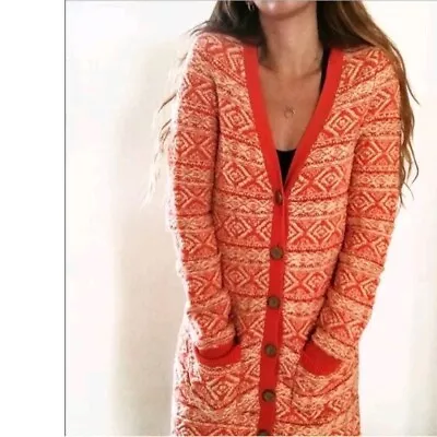 Moth Anthropologie M Orange Cream Cotton Wool Chunky Cardigan Sweater • $49.99