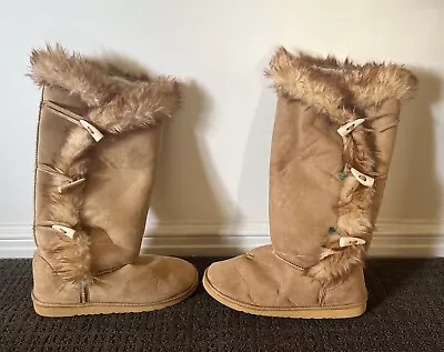 Long Sheepskin Style Boots/Ugg/Slipper Size 10 Fur Trim Toggle Detail • $10