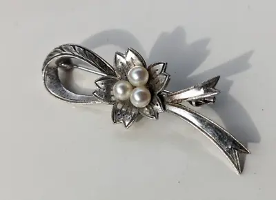 Mikimoto Akoya Pearl Cluster Brooch - 925 Sterling Silver Ribbon & Flower Pin • $70